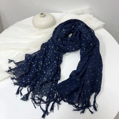 Vintage Dark Blue Floral Printed Cotton Linen Scarf Thin Breathable Versatile Neckerchife For Women