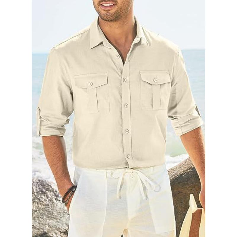 Men's Shirt with Double Pockets Cotton Linen Long Sleeved Shirt Casual Vacation Shirt
