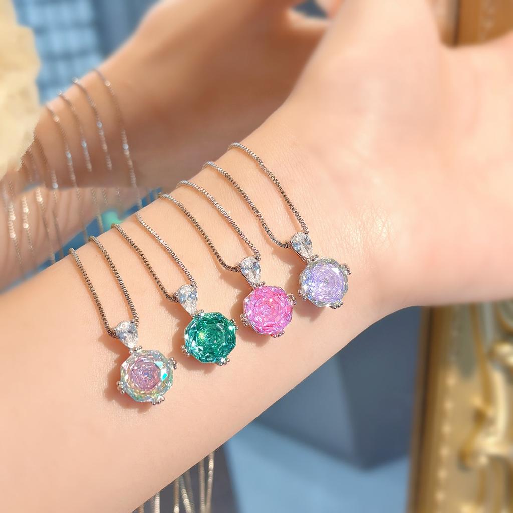 Octagonal Millennium Rose Cut Colorful Pink Diamond Pendant Set High Carbon Diamond Paraiba Ring Earrings