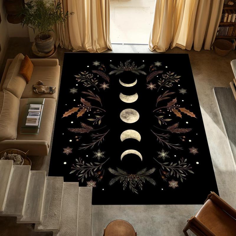 Boho Triple Moon Phase Area Rug Celestial Botanical Print NonSlip Washable Floor Mat for Living Room Bedroom Witchy Decor