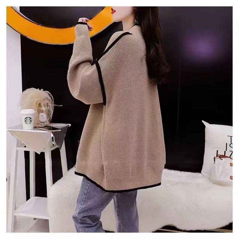 Cardigan tricotat cu guler lat și îngroșat Pulover supradimensionat de toamnă și iarnă Tricoturi coreene pentru femei