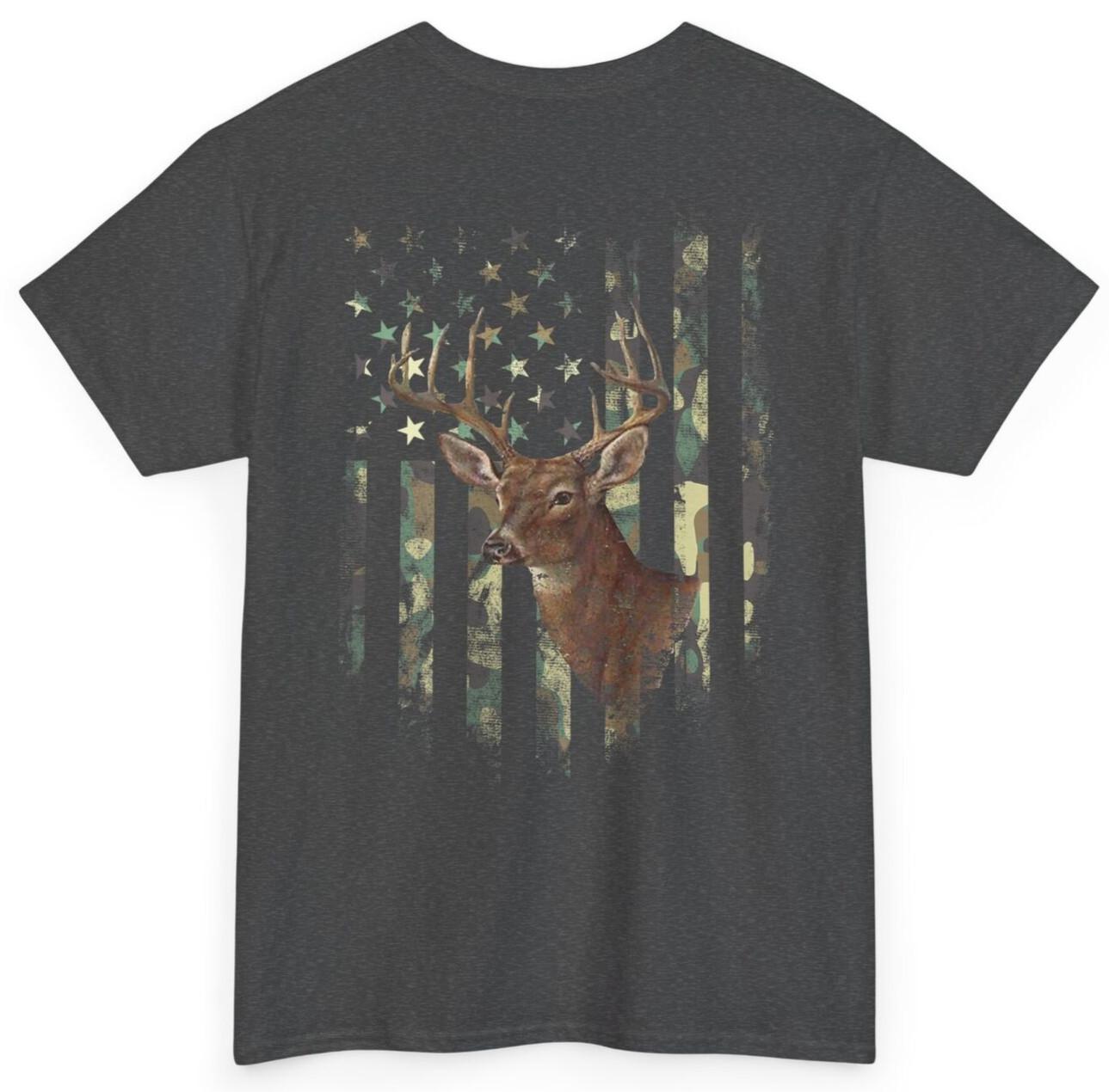 American Flag Print on the Back Deer Hunting Camo T-shirt XL