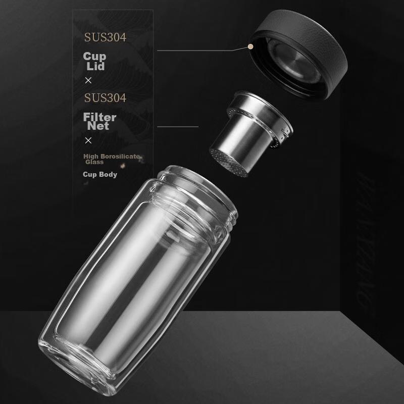 WANXIANG Double-Layer Glass Cup, Portable Tea Mug for Boyfriend, V17L Large Capacity 360ML Water Bottle with Filter for Business And Office Use