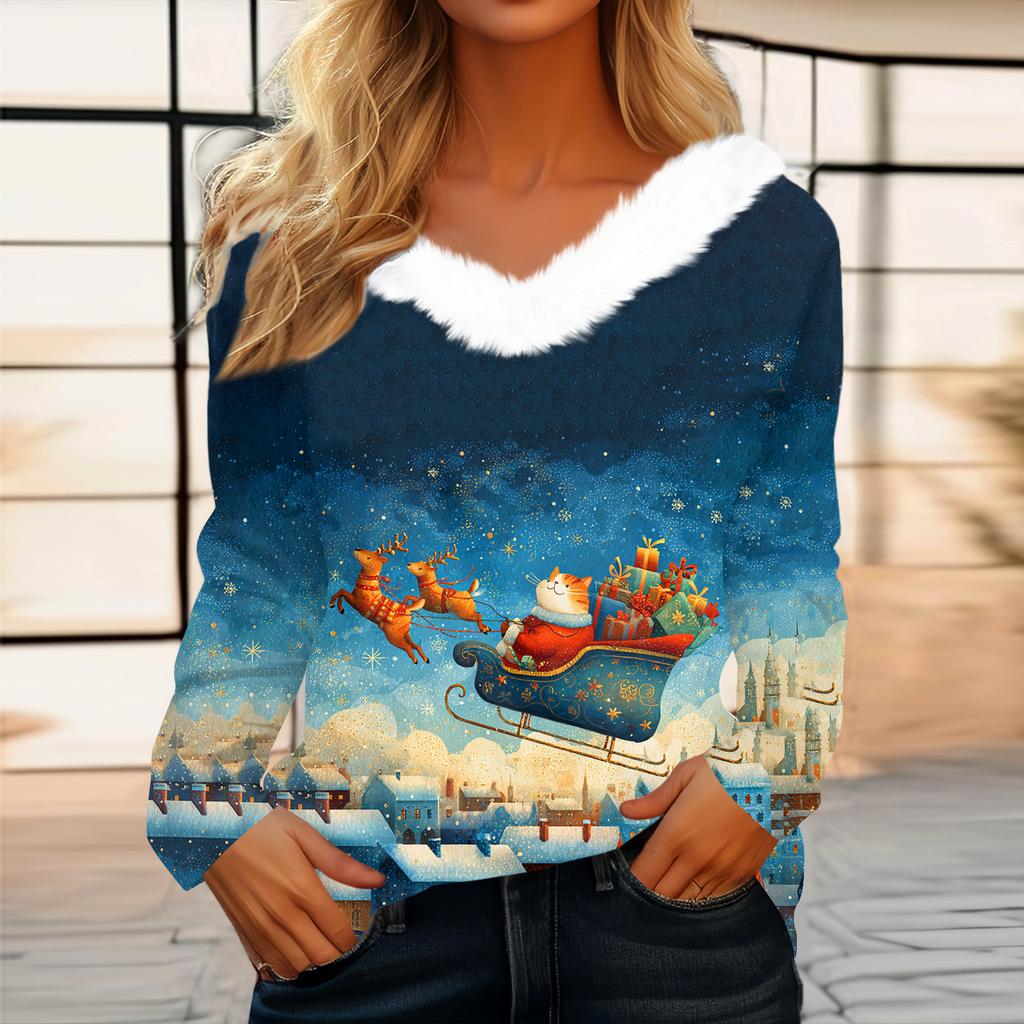 Women's Christmas Printed Long Sleeved Party Plush Neck V-neck Top