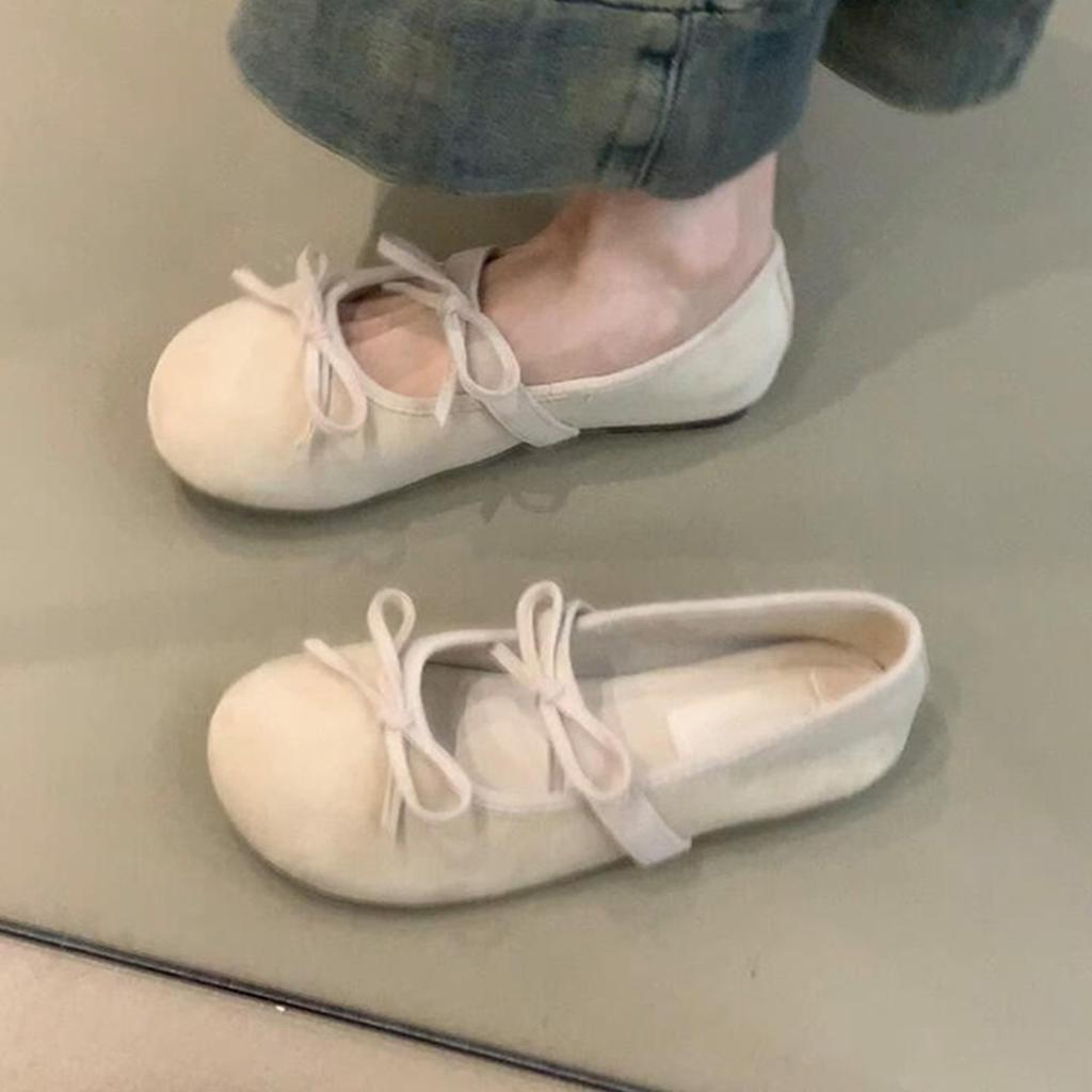 Soft-soled version~ Gentle fairy wind shallow mouth temperament Mary Jane shoes women's bow round head suede flat-soled small single shoes
