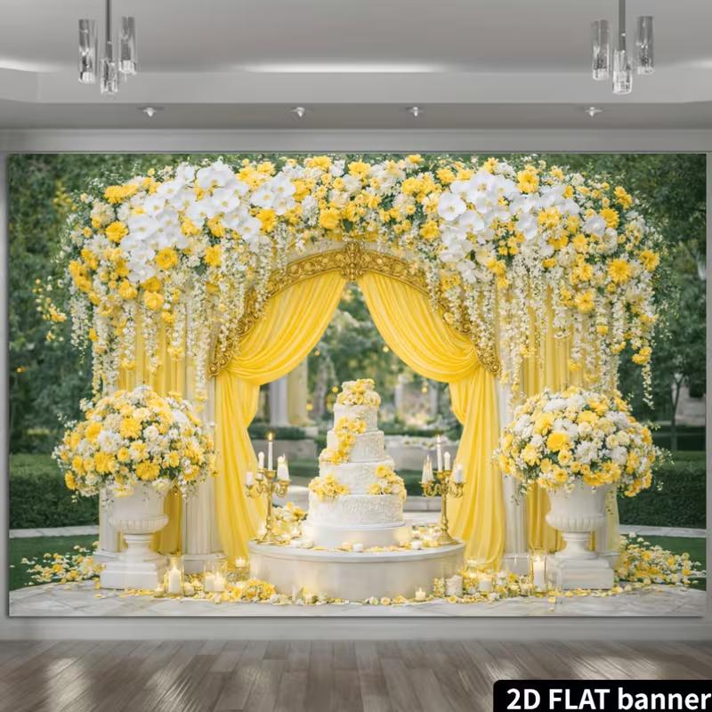 2D Yellow White Floral Golden Arch Yellow Drape Wedding Cake Backdrop Photography Background Cloth 47.2x31.5inch/120*80cm