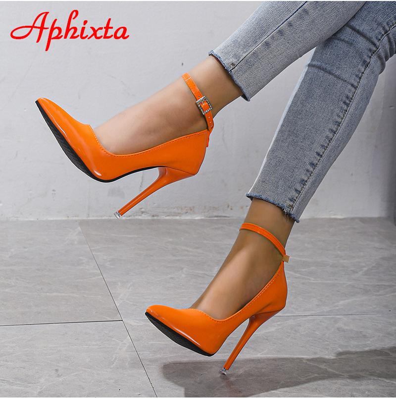 Fashion Aphixta Orange New Luxury Crystals Buckle Pimp Super High 12cm Stiletto Heels Pumps Women Shoes Pointed Toe Colorful Party Pumps