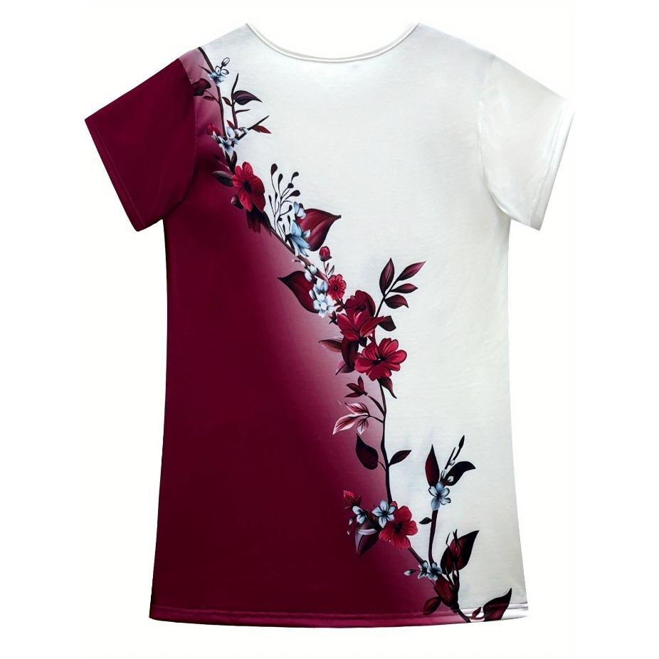 Women's Casual Elegant Round Neck T-Shirt - Floral Print Summer Top Maroon Color Block Design Breathable Medium Stretch Casual