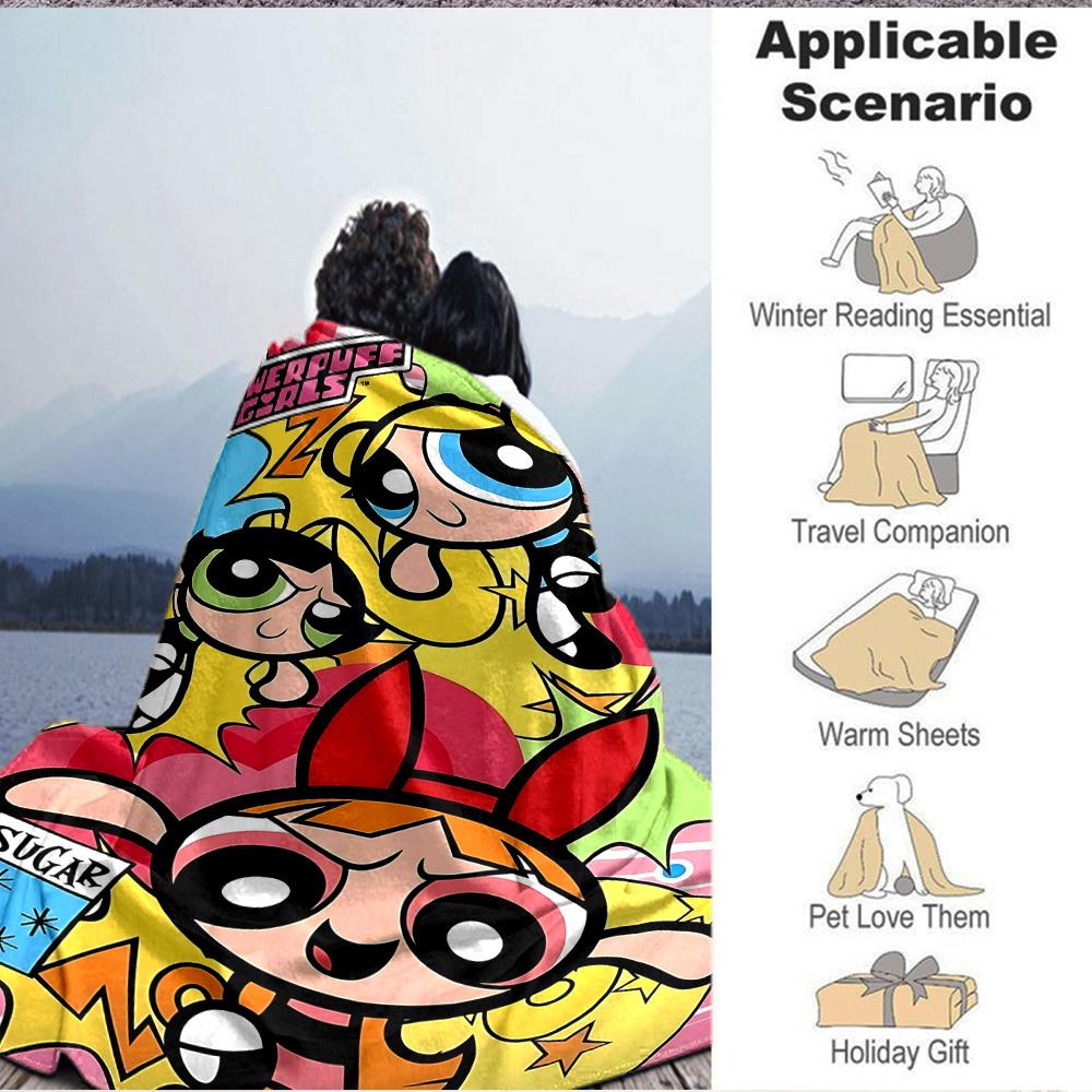 1pc Powerpuff Girls Flannel Throw Blanket - HD Printed Lightweight Soft Warm All-Season Blanket for Sofa, Bed, Travel040