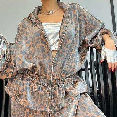 2 Pcs/Set Women Shirt Pants Set Leopard Printing Zip-up Long Sleeve Pleated Top Loose Wide Leg Trousers Commuting Workwear Outfit
