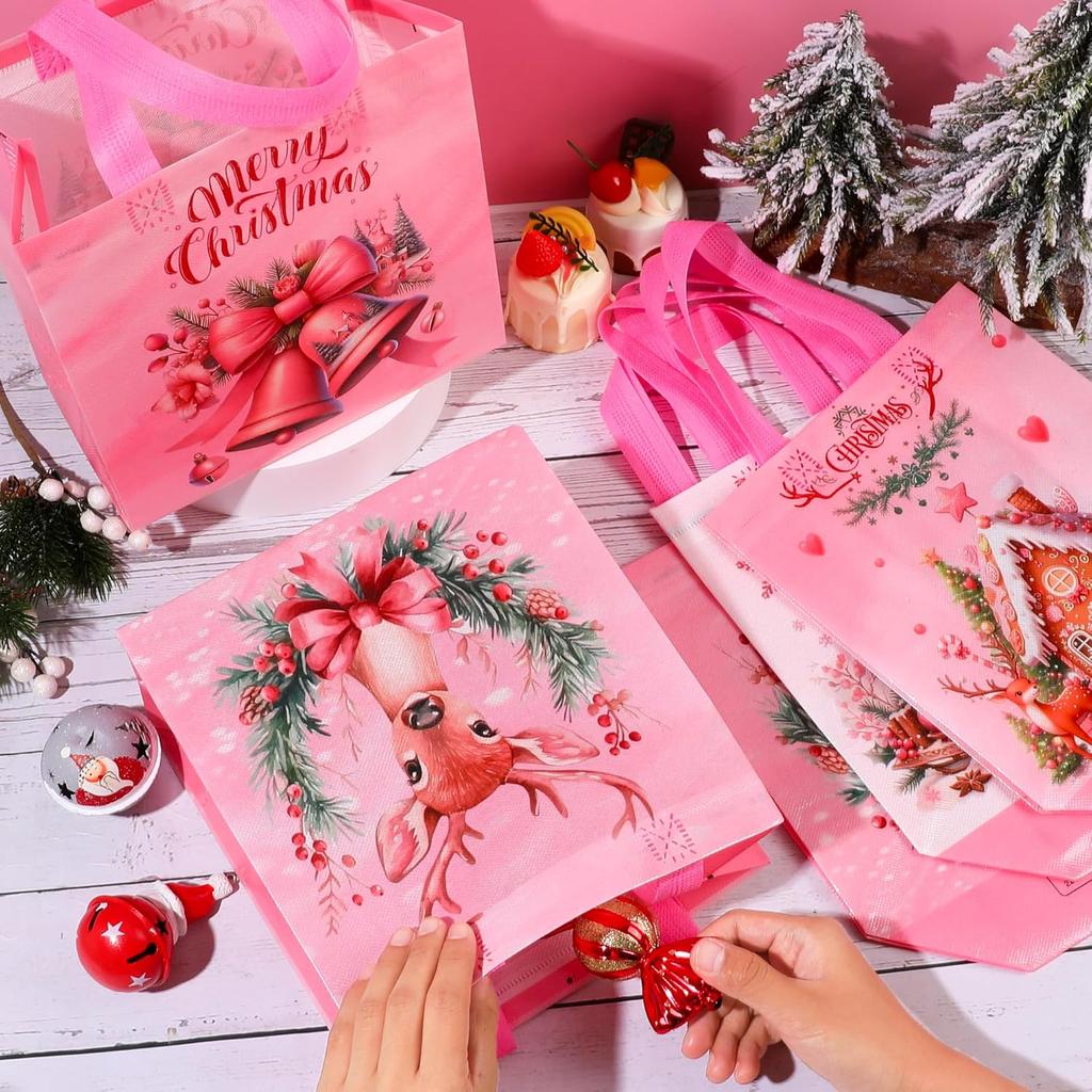 Non-Woven Christmas Gift Bags Reusable Christmas Treat Bag with Handle Santa Claus Reindeer Berries Pattern Party Favor Tote Bag