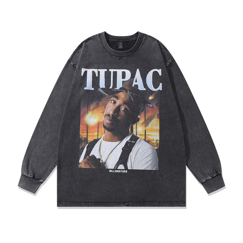 European, American High Street Retro Washed Old Hip-Hop Bottoming Shirt Loose Digital Direct Injection Printing Long-Sleeved T-Shirt Men