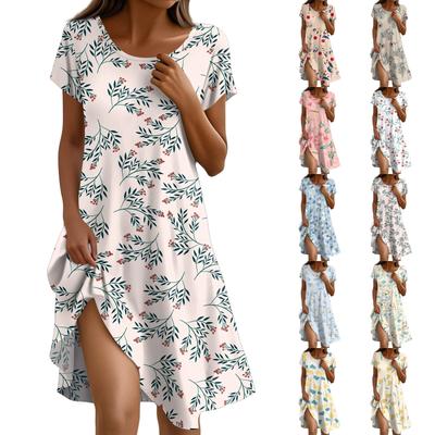 Short Sleeve Boho Dress For Women Casual Loose Fit Summer Sundress Floral Print Dress With Pockets