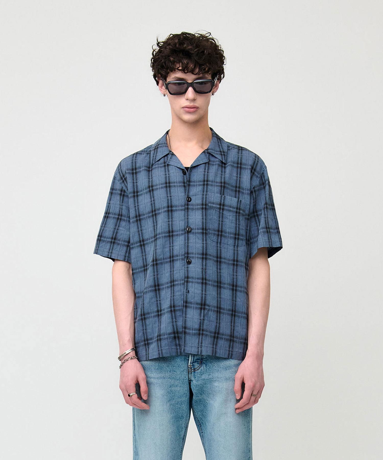 Man In Jungle Vintage Check Open Collar Shirt - Vintage Blue Washed Blue/Xl(105)