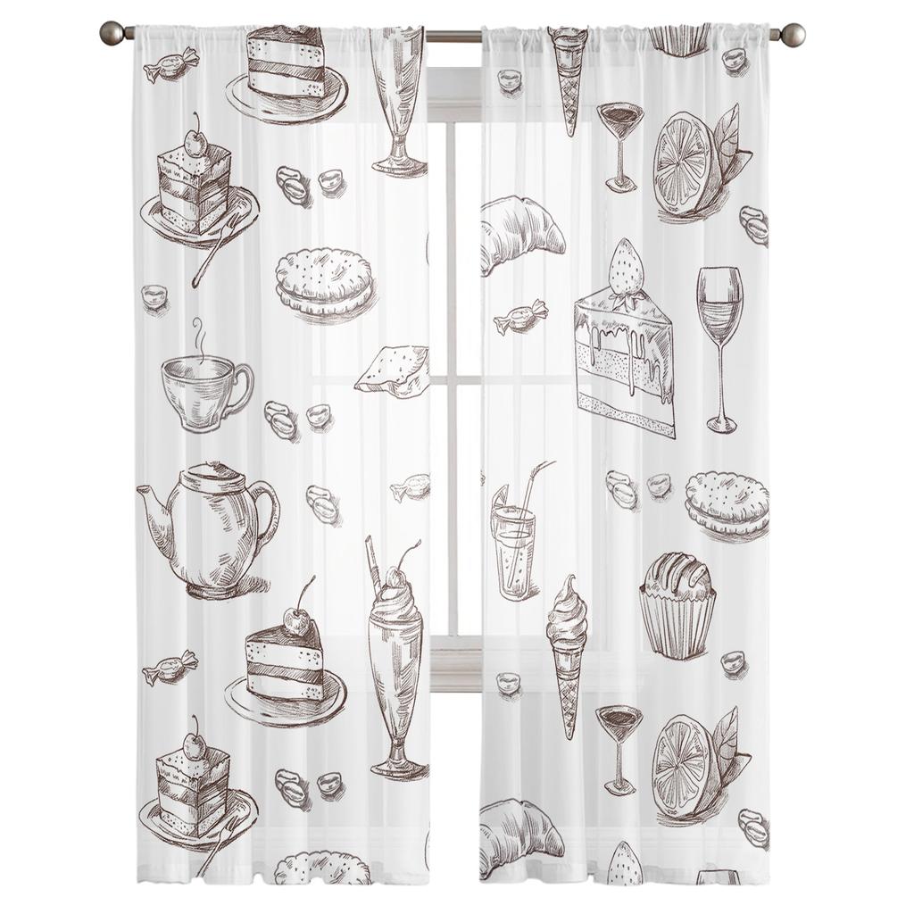 Afternoon Tea Cake Dessert White Sheer Curtain For Living Room Home Kitchen Bedroom Window Decor Chiffon Tulle Voile Curtains