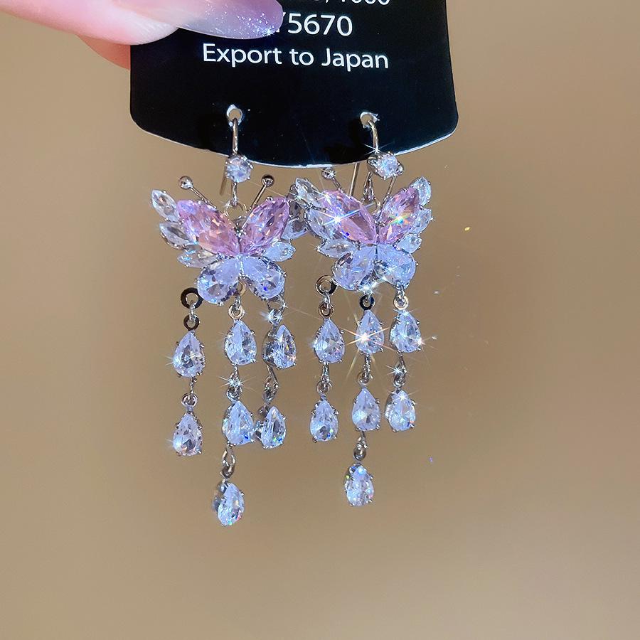Korean Style Zircon Butterfly Water Drop Earrings - Light Luxury and Fashionable Stud Ear Jewelry