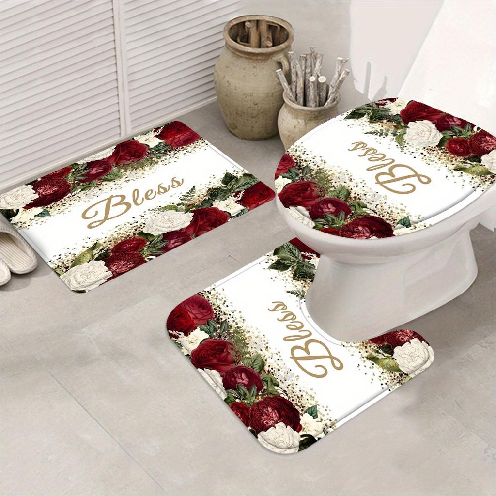 4 Stück Rose Segen Druck Wasserdichter Duschvorhang Mit 12 Haken Rutschfester Badezimmerteppich WC U-Form Matte Toilettendeckel Abdeckung