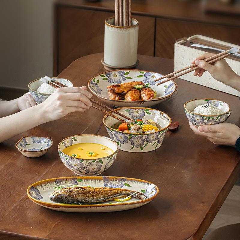 Clematis Series Medieval Special-Shaped Tableware Household Rice Bowl Ceramic Noodle Soup Bowl Dish Export