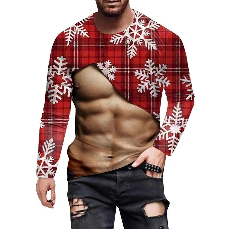 Men Christmas Muscle Men Fun T-Shirt Fashion 3d Printed Round Neck Long Sleeve Street Personality Breathable Plus Size Pullover