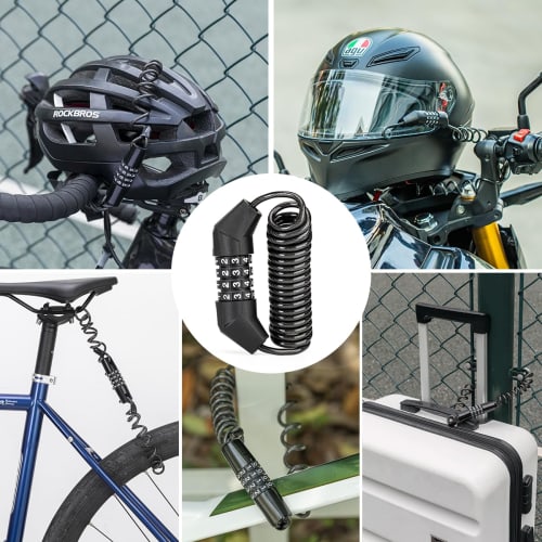 ROCKBROS Bicycle Key Wire Lock, 4 Digit Dial Type, No Key Required, Anti-Theft, Bicycle Lock, Wire, Password Change, Helmet, Saddle, Road Bike, MTB, E