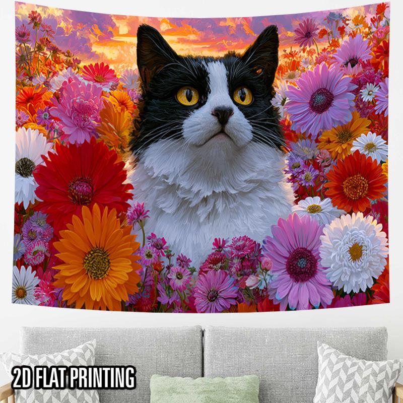 2D Flat, 1pc 1pcs Suitable for Vintage Themed Wall Hanging Tapestry - Horizontal Retro Black Cat & Print Decor, Durable Fabric Suitable for Bars, Danc