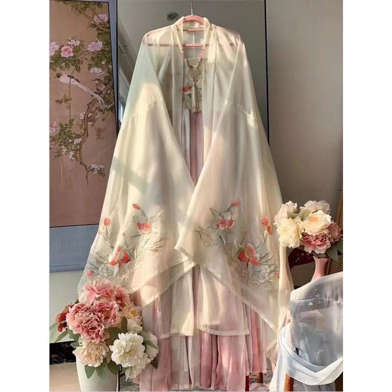 Womens Tang Dynasty Style Hanfu Set Embroidered Wide Sleeve Top High-Waisted Skirt Daily Wear Pink Blue