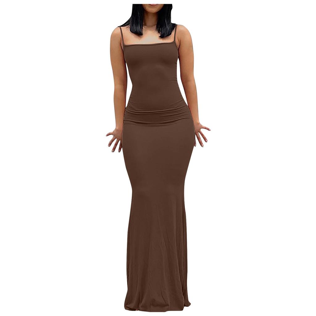 Fashion Women's Sling Sleeveless Sexy Solid Color Open Back Slim Fit  Long Dress