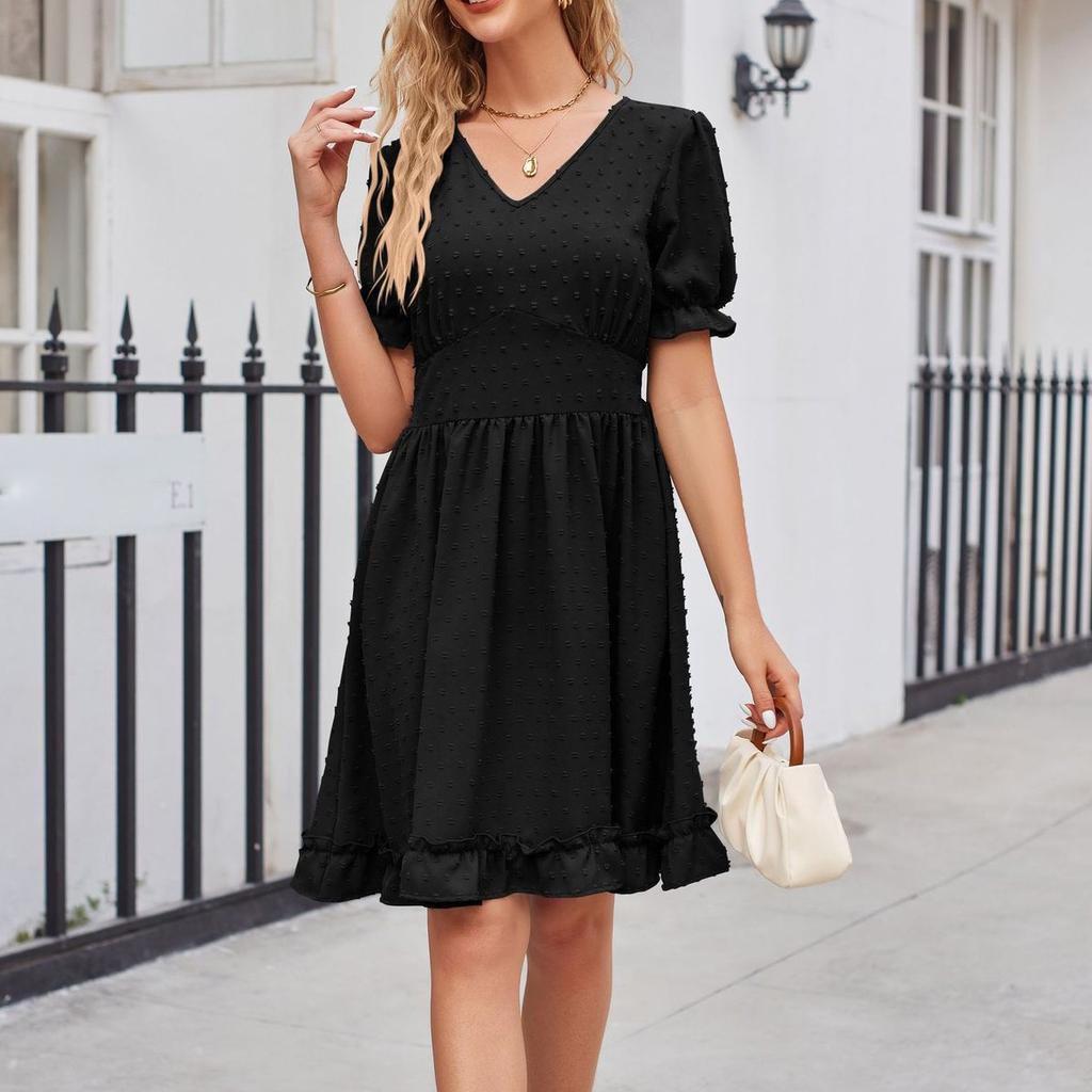 Women's Fashion Solid Colour V-Neck Waist Slimming Beach Casual Dresses