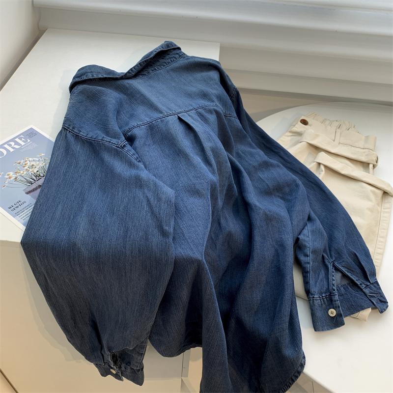 Women's Dark Blue Tencel Denim Shirt Jacket - Soft, Loose, Mid-Length for Autumn