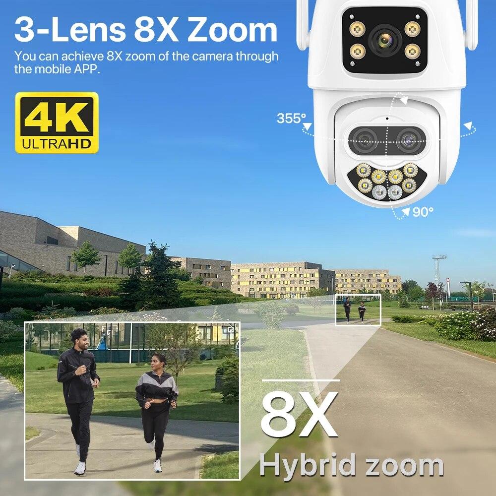 New EU 4K 9MP WIFI IP Camera Three Lens 8X Zoom Outdoor PTZ Camera HD AI Auto Tracking Security Camera P2P CCTV Surveillance ICSee