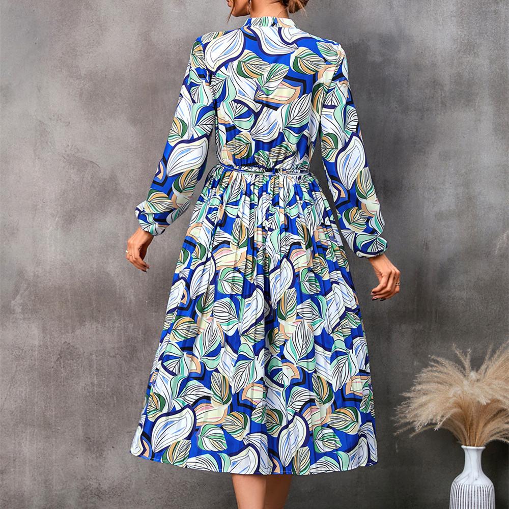 QICED Women's Fashion Autumn Winter Floral Print Long Sleeve V-Neck Casual Dresses