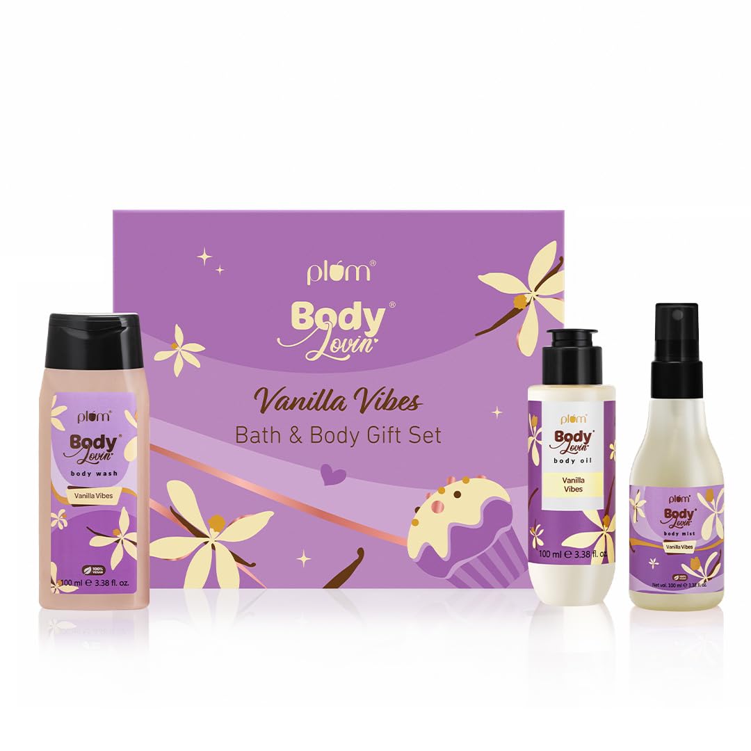 

Plum BodyLovin Vanilla Vibes Набор для ванны и тела из 3 предметов | Гель для душа, Мист и Масло | Стойкий аромат для женщин