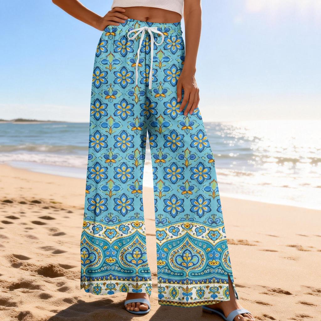 Women Summer Boho Palazzo Pants High Waist Wide Leg Printing Casual Trousers With Pockets
