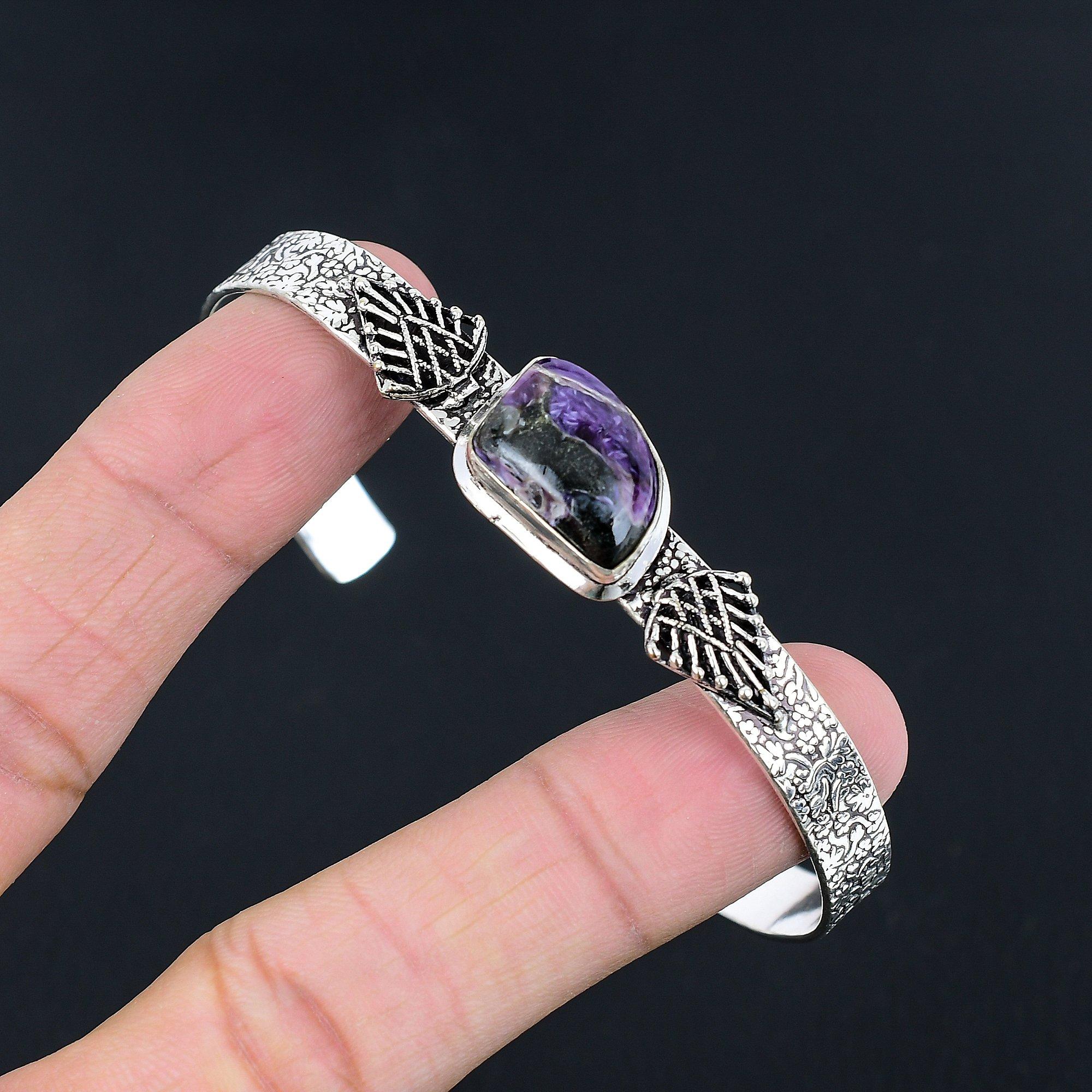 

Halloween Deal 925 Silver Natural Charoite Anniversary Daughter Bangle Jewelry Adjustable