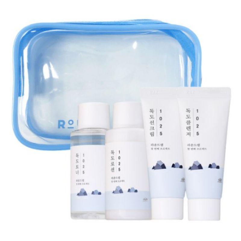 ROUND LAB 1025 Dokdo Travel Kit Set – Toner 50ml + Lotion 50ml + Sunscreen 20ml + Cleanser 20ml + Pouch, Complete Korean Skincare Travel Essentials