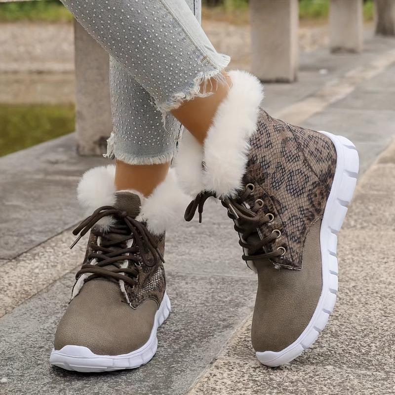 Women's Winter Ankle Boots, Mid Heel Platform Lace-Up Short Booties with Faux Fur Trim, Solid Color Plain Toe, Man-Made Upper