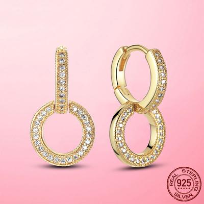 Gold Color 925 Sterling Silver Sparkling Double Hoop Earrings Hoop for Women CZ Zircon Round Circle Earring Jewelry Making Gift