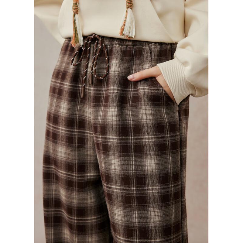 ZIHAN Women's Retro Coffee Plaid High-Waist Wide-Leg Pants