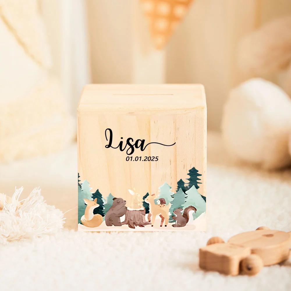 Children's Piggy Bank with Name Personalized Money Wooden Box Cute Animal Pattern Collection Box New Baby Gifts