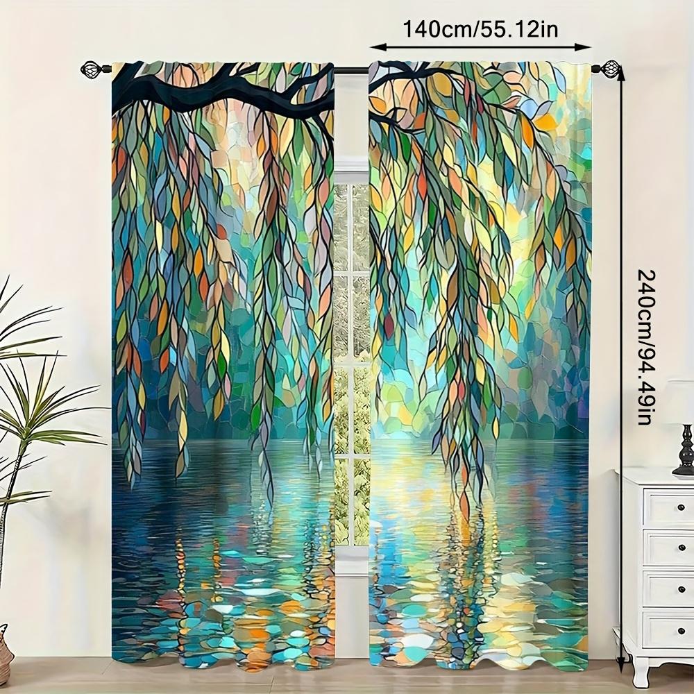2pcs, All-Season Art Deco Style Curtains, Modern Willow Trees by River Stained Glass Pattern, Polyester, Perfect for Adding
