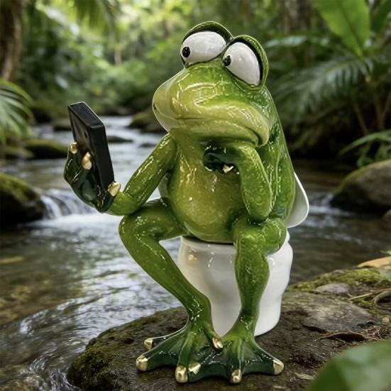 Funny Frog Sitting On Toilet Figurine 3D Resin Green Frog Texting Statue Collectible Animal Sculpture for Bathroom Home Office Tabletop Decor