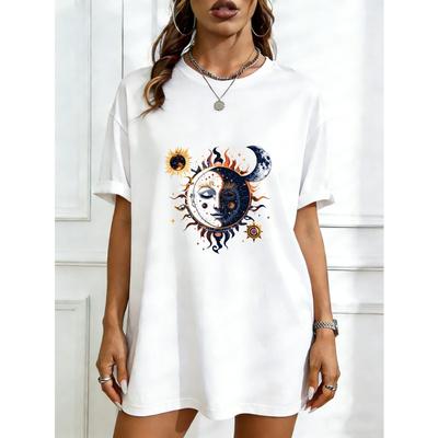 Oversized T Shirt Dress Black Sun And Moon Face Print For Casual Wear