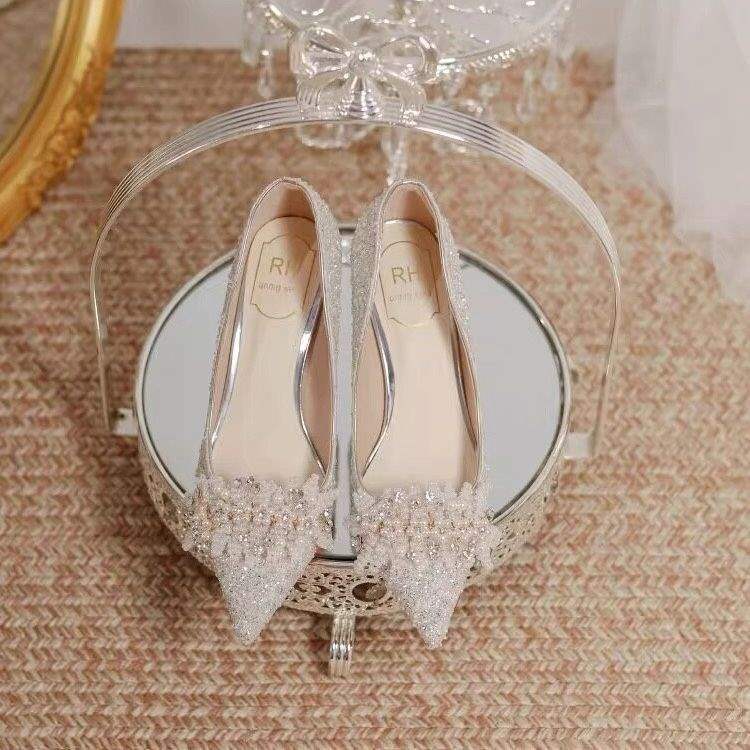 Silver wedding shoes bride shoes 2025 new high heels women's thin heels Xiuhe two wear main wedding dress crystal shoes sequined diamonds