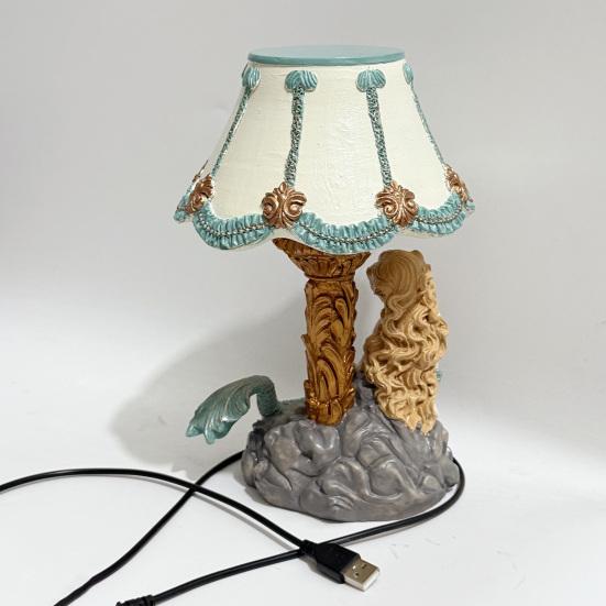 Harpiks Havfrue Bordlampe Håndmalt Havfrue Nattlys med USB-port Skrivebordslampe for Soverom Stue Dekor