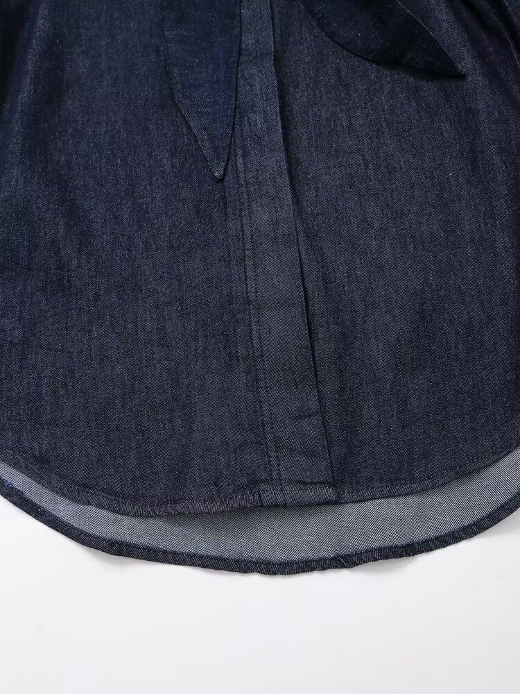 European & American Women's Casual Denim Bow Tie Lace-up Shirt with Wide-leg Pants - Early Autumn Fashion