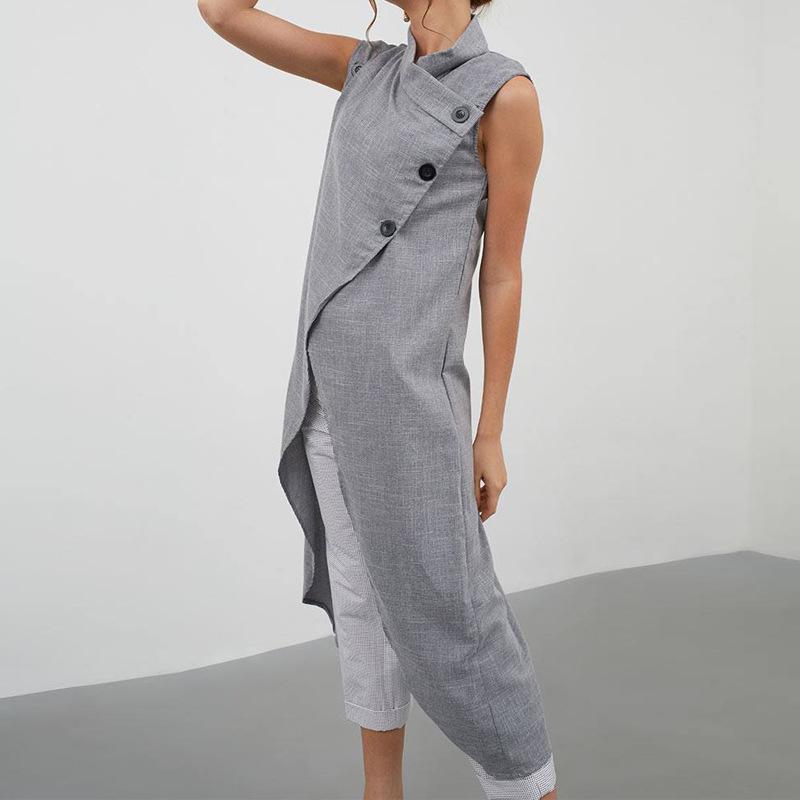 

Женский топ без рукавов с неровными пуговицами, в стиле пэчворк, с летним характером, для работы, с завышенной талией XL серый