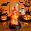 Halloween Souvenir Decor Pumpkin Skeleton Cloche Lamp, Lighted Stacking Skull In Clear Atmosphere Night Light Dome with Witch Hat for Tabletop Mantel,