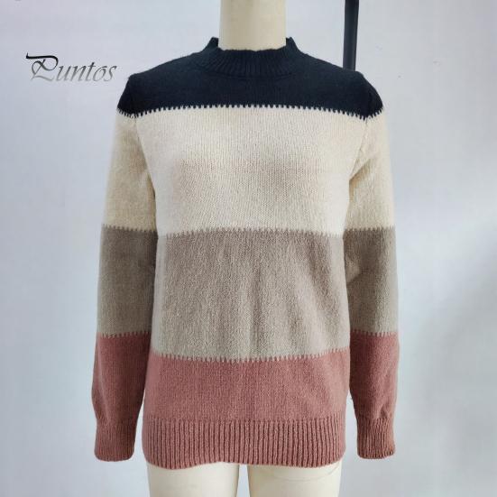 Crew Neck Women Sweater Knitting Tops Round Long Sleeve Color Blocked Knitted Tummy Cover Pullover Loose Hem H-Shaped Warm Casual Daily Wear H-shaped