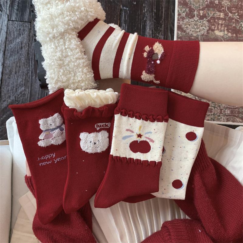 5 Pairs of New Year's Bright Red Socks for Women Autumn and Winter, Pure Cotton Mid-calf Socks, Cartoon and Cute Girl Pile Socks