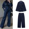 Women's Casual Set: Collared Loose Shirt Jacket with Exposed Stitch Belt Flap & Straight Leg Pants